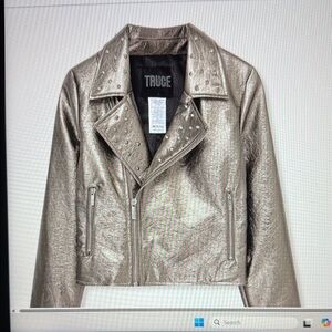 NWT TRUCE Gunmetal Studded Moto Jacket | Metallic Faux Leather | Girls M 10/12